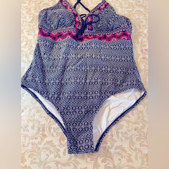 Kona Sol Swimsuit Gray Red Floral Padded Open Back Sz Large Gorgeous - Picture 2 of 4